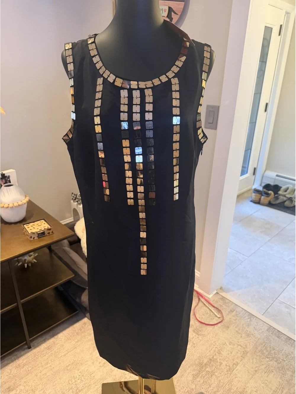 NWT Tory Burch Gillies Black Silk Shift Embellished Metallic Maxi dress 14